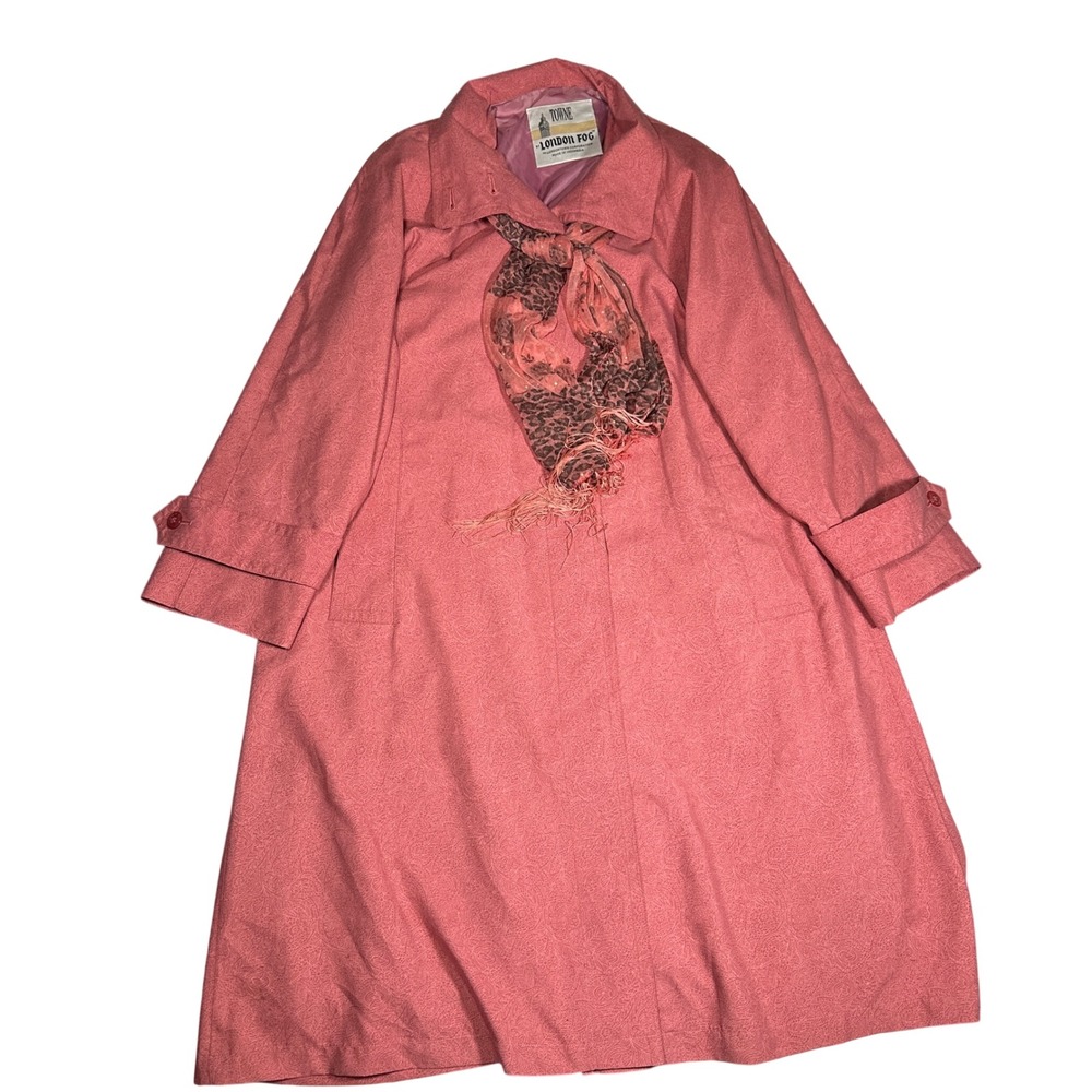 VTG 80s Towne by London Fog Pink Paisley Trench Coat Scarf Set Womens 10 PET